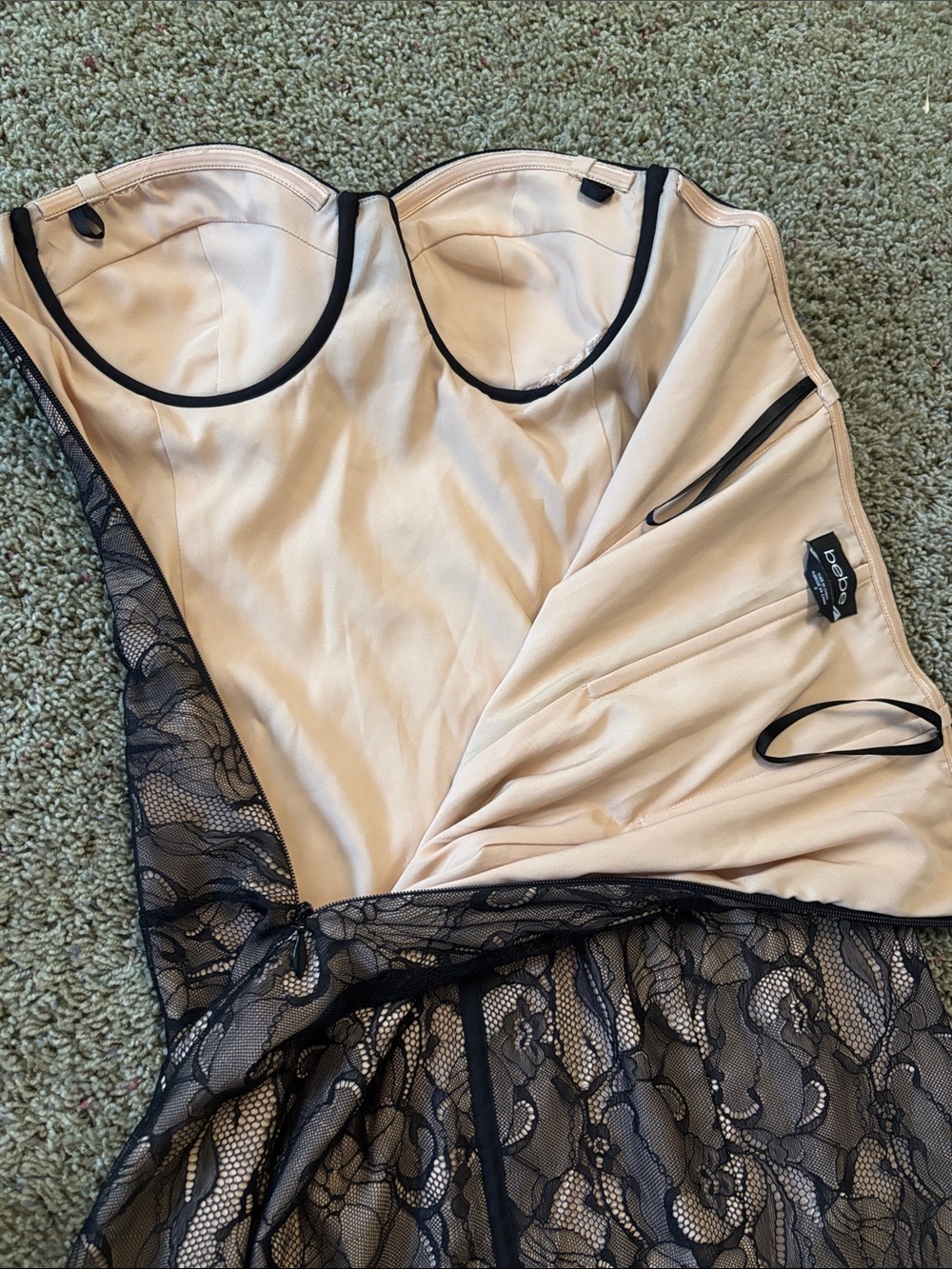bebe Lucy Strapless Corset-Style Black Lace & Nude Bodycon Dress- Womens Sz 8 - Picture 4 of 9